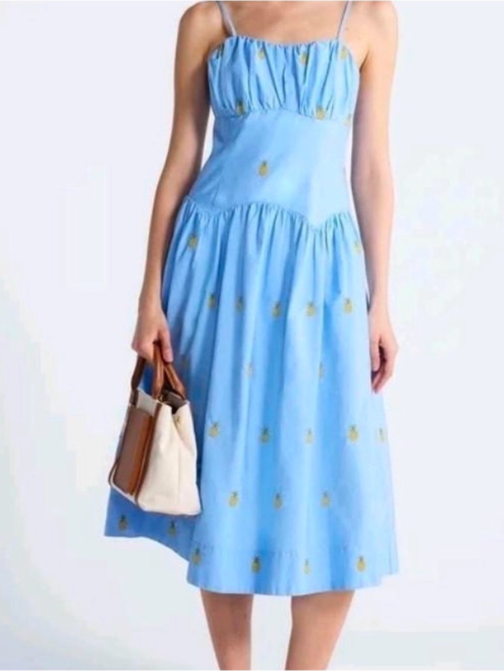 Light Blue Spaghetti-Strap Midi Dress with Yellow Pineapple Motif